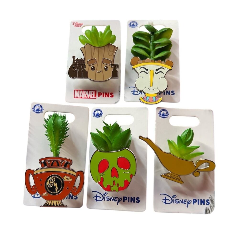 Disney Parks Succulent Planter Pins - Groot Chip Lamp Vase Apple 5 pin set